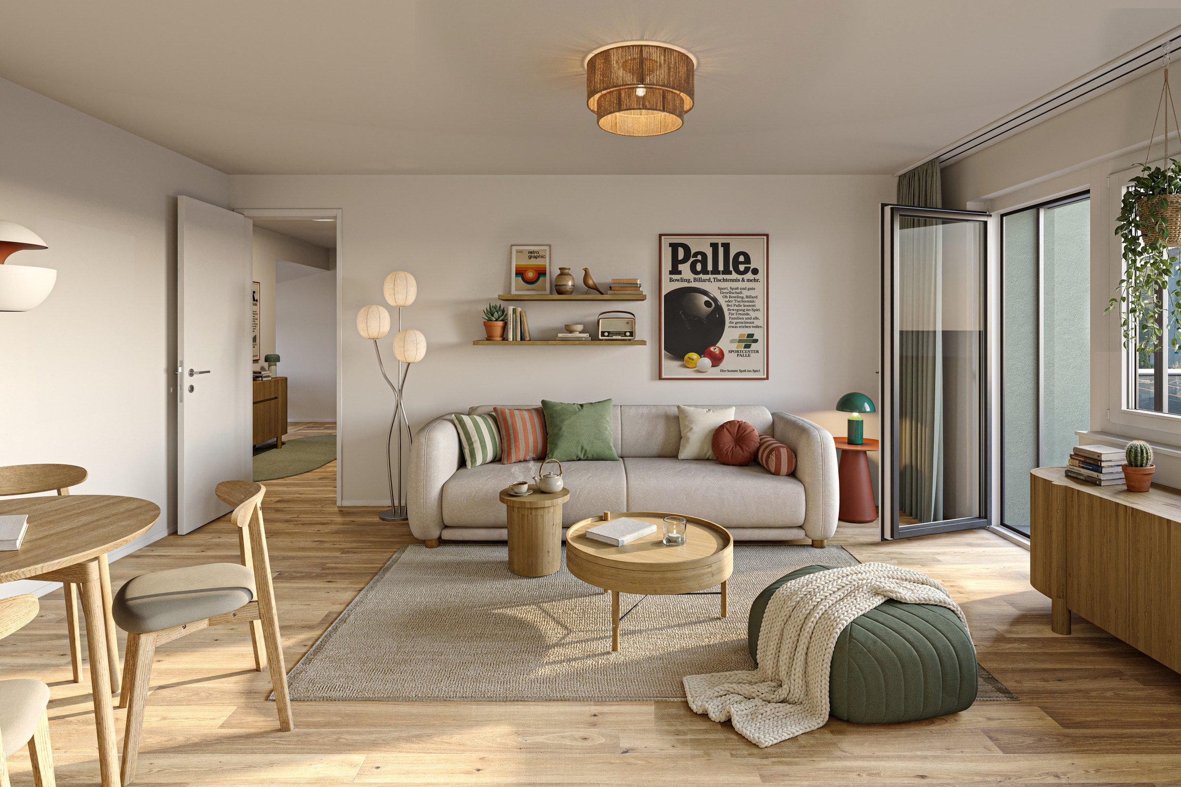 Wohnzimmer mit Sofa, Bodenkissen und offener Balkontür, warmes Licht